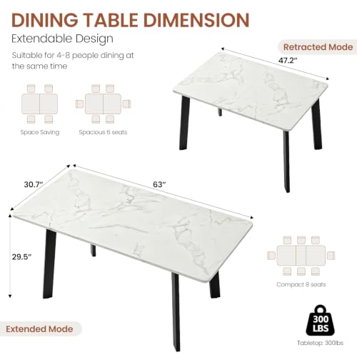 Image of Modern 47.2 inch-63 inch Extendable Rectangular Dining Table, White | Removable Extension Leaf, Durable MDF Tabletop, Accommodates 4-8 Guests, Great for Dining Room Small Kitchen & Dinner Spaces