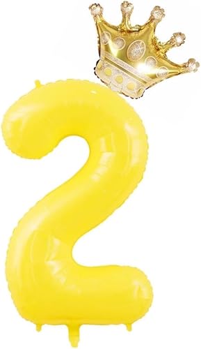Globos amarillos grandes de 40 pulgadas con corona, globos de helio de aluminio número 2, decoraciones de segundo cumpleaños, suministros para