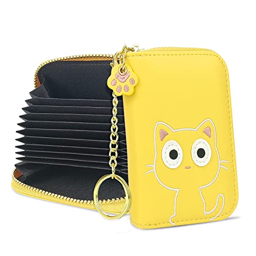 Image of CONISY Cute Small Women Credit Card Holder Wallet with Keychain Wristlet (yellow cat)