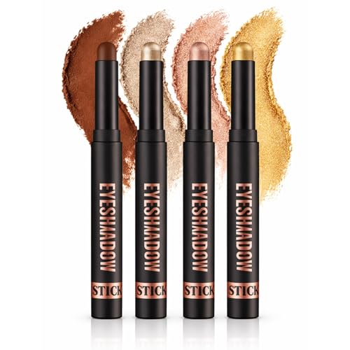 4 Colors Shimmer & Matte Eyeshadow Stick Set - Creamy Retractable Eye Shadow Pencil, Bronze Brown Champagne Rose Gold Gold Glitter, Long Lasting Waterproof Smokey Eye Makeup for Women