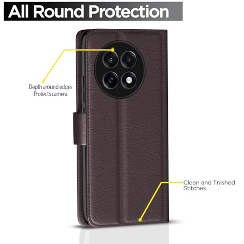 Image of Pikkme Flip Cover Leather Finish | Inside TPU with Card Pockets | Wallet Stand and Shock Proof | Complete Protection Button Flip Case for OnePlus 13R 5G(Coffee)