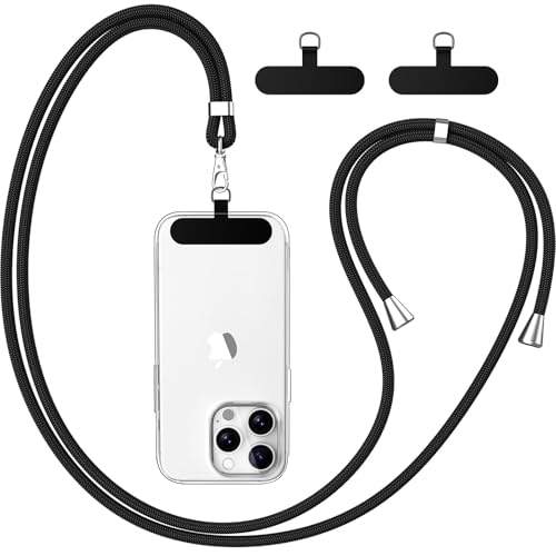 caslord Cordon Telephone Portable, avec 2 Patchs Noirs Durables, Lanière de Téléphone Portable 1,6m Adjustable, Collier Compatibles avec Tous Les...