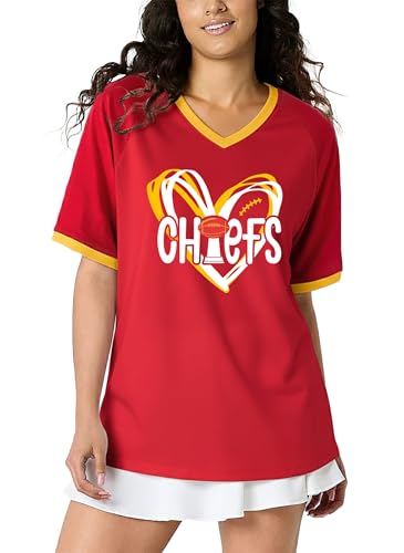 Football Shirts for Women Game Day V-Neck Tshirt Casual Football Short Sleeve Team Fan Graphic Tee Top Red X-Large