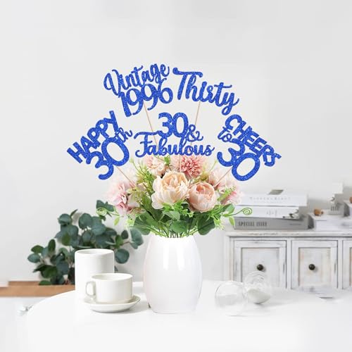 Image of 15 PCS 30th Birthday Centerpiece Sticks Thirty Happy 30 Vintage 1996 Table Flower Centerpieces Sticks Cheers to 30 Fabulous Floral Decorations for 30th Birthday Party Supplies Blue