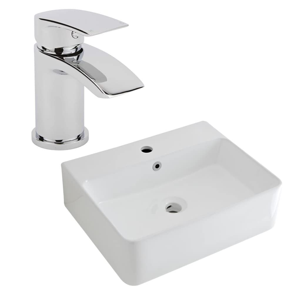 Milano White Farington Rectangular Countertop Bathroom Basin Sink Mono Mixer Tap - 520Mm X 420Mm