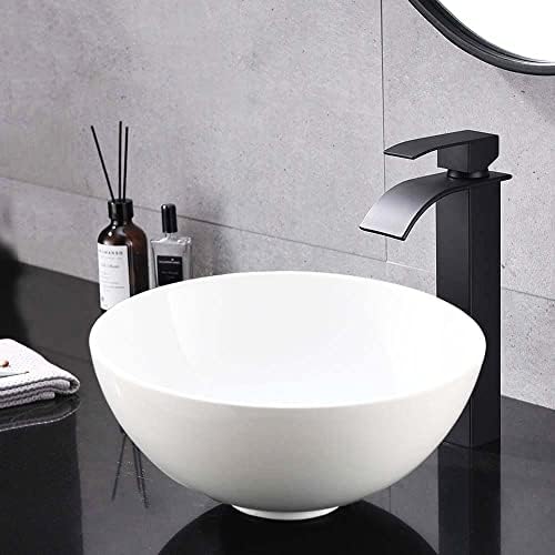 Round Bathroom Sink with Drain Combo-Wesliv 13"x13" White Bathroom Vessel Sink Above Counter Round Porcelain Ceramic Vessel Sink Combo with Black Pop-up Drain