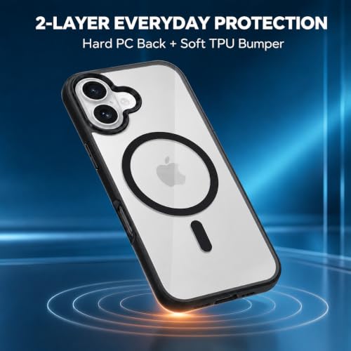 Image of MAGA Back Case Cover for Apple iPhone 16, Transparent Black Magnetic Case Compatible with MagSafe, Hybrid Hard PC Back & Soft TPU Bumper, Shockproof Protective Cover - Black