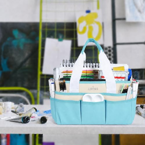 Image of JJRING Craft Organizer Tote Bag Art Storage Caddy Sky Blue and Beige