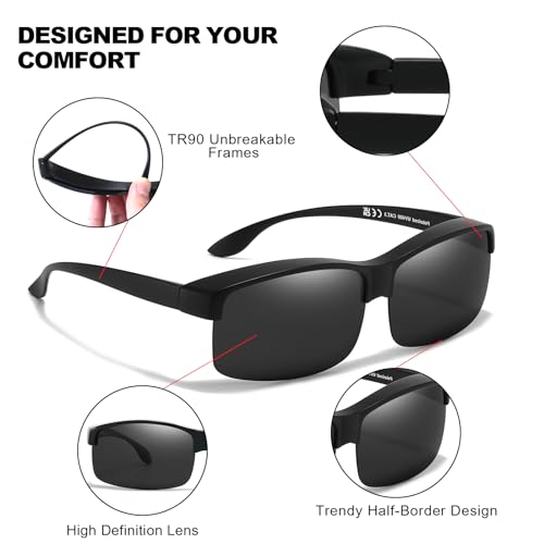 Trysee® Polarized Fit Over Glasses Sunglasses for Men Women with Semi Rimless Frame & UV Protection Lenses TS1218M3