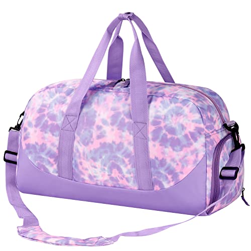 Image of Choco Mocha Kids Duffle Bag, Girls Overnight Travel Bags for Kid with Shoes Compartment, Large Weekender Bag for Sleepover, Tie Dye-Purple, Large, Duffle Only