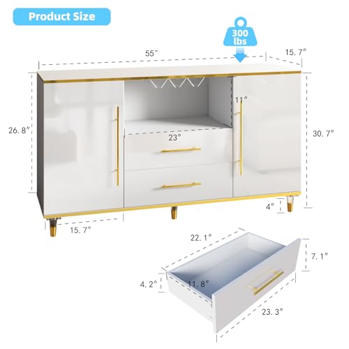 ONBRILL Buffet Cabinet, 55" Kitchen Sideboard with 2 Drawers and Wine Glass Holder, High Glossy Storage with Adjustable Shelves, Coffee Bar Cabinet for Kitchen, Living Room, White & Gold