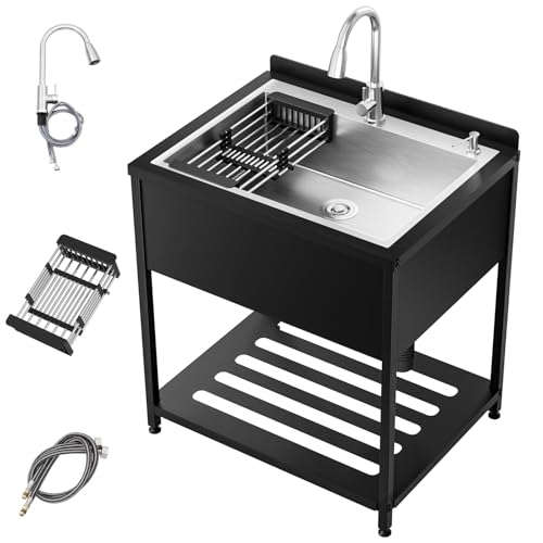 Image of Stainless Steel Utility Sink, 33.5 inch x 26.1 inch x 36.6 inchFreestanding Sink with Cold and Hot Water Faucet,Hoses and Drain Kit for Kitchens, Bathrooms, Garage, Laundry Room