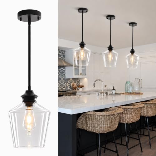 GZJunYo Black Pendant Lights Kitchen Island, 1 Light Modern Glass Kitchen Island Lighting, Adjustable Hanging Island Pendant Lights for Kitchen, Dining Room, Sink, 8 Inch