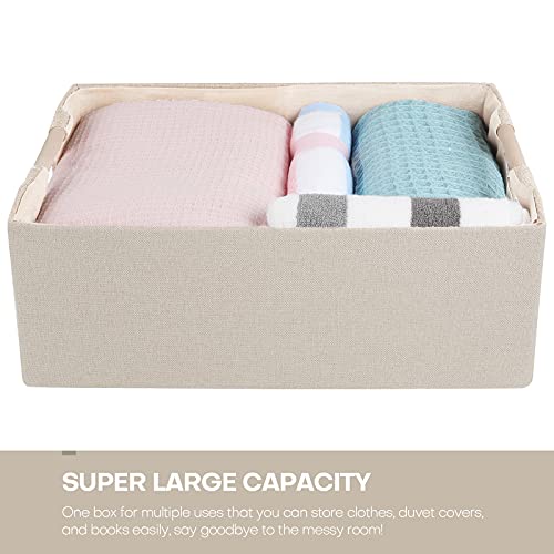 Anminy 2Pcs Storage Bins Set Foldable Cotton Linen Open Storage Baskets Box With Wood Handles Decorative Nursery Baby Kid Toy Clothes Towel Laundry Organizer Container Solid Color - Medium, Beige #TOP3