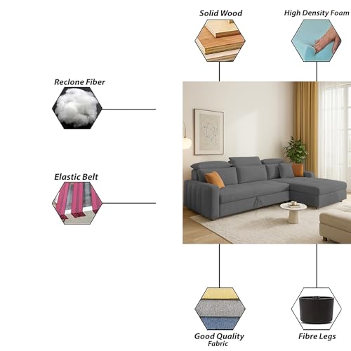 Image of Casaliving Gagnon RHS 4 Seater L Shape Corner Sofa Cum Bed for Living Room (Dark Grey Fabric) Premium Fabric Sofa Cum Bed