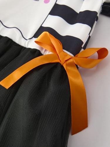 Halloween - Themed Black & White Striped Long - Sleeve Girls' Dress with Ghost Print & Orange Bow4