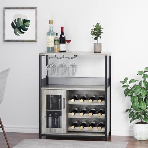 Amyove Wine Bar Rack Cabinet with Detachable Wine Rack, Bar Rack with Glass Holder, Small Sideboard and Buffet Cabinet with Mesh Door, Grey