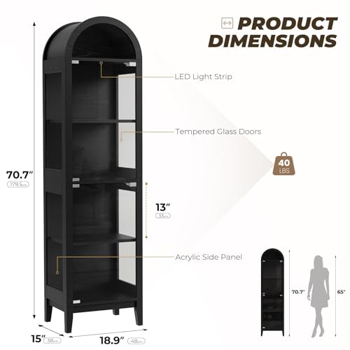 BROTTAR 71\" Tall Arched Display Cabinet with Glass Doors, Curio Cabinet with LED Lights for Collectibles, Books, 5-Tier Showcase Glass Display Case with Human Body Sensor for Living Room, Black