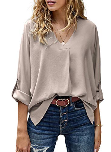 Astylish Women Loose Fit Long Tab Sleeve Plain V Neck Tunic High Low Blouse Tops Flowy Shirts Small Apricot