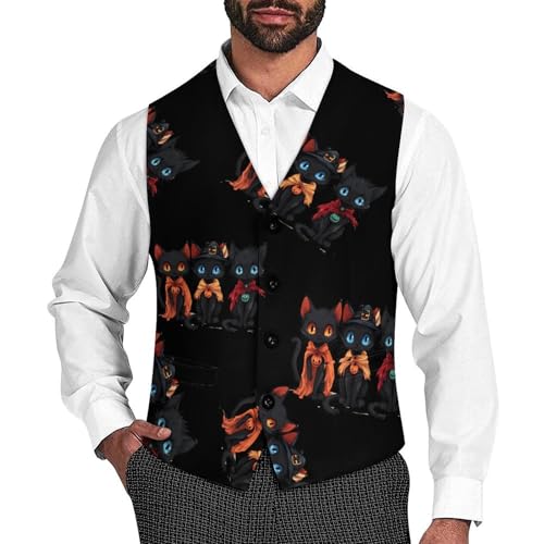 Halloween-cat Mens Slim Fit Suit Vest Dress Waistcoat Casual Business Vest