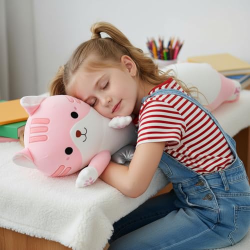 Image of Long Cat Plush Pillow, Cute Cat Stuffed Animal Body Pillow with Wings, Soft Kawaii Kitty Hugging Pillow, Christmas Valentine's Birthday Gift for Kids Girls Boys (Pink, 90cm /35.43in)