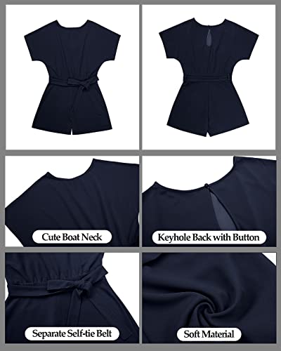 Vetinee Womens Navy Blue Summer Casual Belted Romper Keyhole Back Short Sleeve Jumpsuit Playsuit Large #TOP5