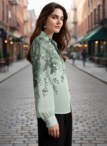 Image of Women Shirt || Women Top ||Autumn Leaves Print Polo Collar Shirt, Casual Long Sleeve (S-22-25)