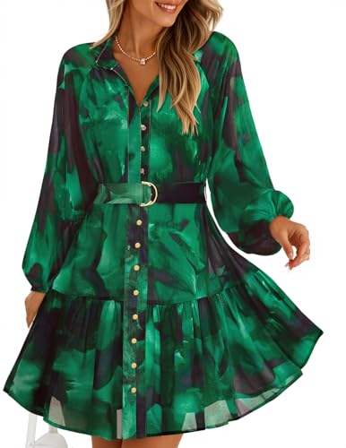 ZESICA Womens Spring Summer Floral Mini Dress Long Sleeve Button Chiffon A Line Swing Short Wedding Guest Party Dresses Dark Green Large