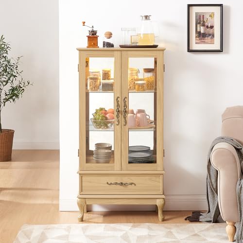 Image of 51 inch H Lighted Curio Cabinet Display Case, Glass Curio Cabinet with Adjustable Shelves,Tempered Glass Door and Drawer, Wooden Cabinets w /Mirrored Back Pane for Living Room (Light Oak)