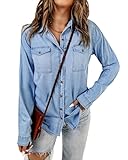 Vetinee Bluse Langarm Damen Cowboy Hemd Damen Helium-Blau Größe Medium Passt EU Größe 38 bis EU Größe 40