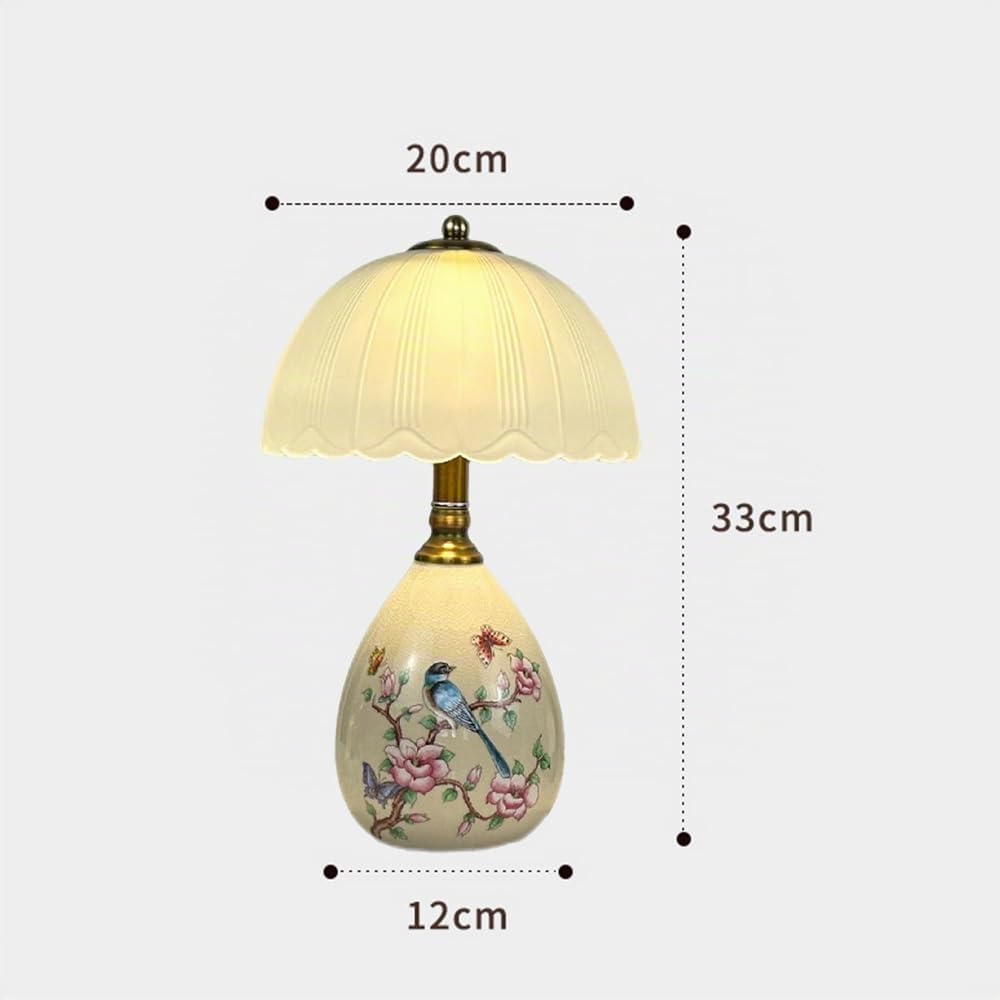 Mengjay Lampada da Tavolo Salotto in ceramica,E27 Lampada da scrivania,Paralume in Vetro,Base Decorata con Fiori e Uccelli,ampada comodino per camera da letto, studio, comodino (Bianco)