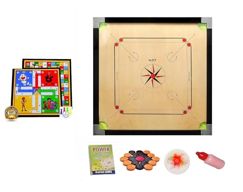 Image of WRF Superior Matte Finish Practice Carrom Board for Serious Professional Practice with Coins Striker and Powder Black New (32 inch Cut Carrom with Ludo)