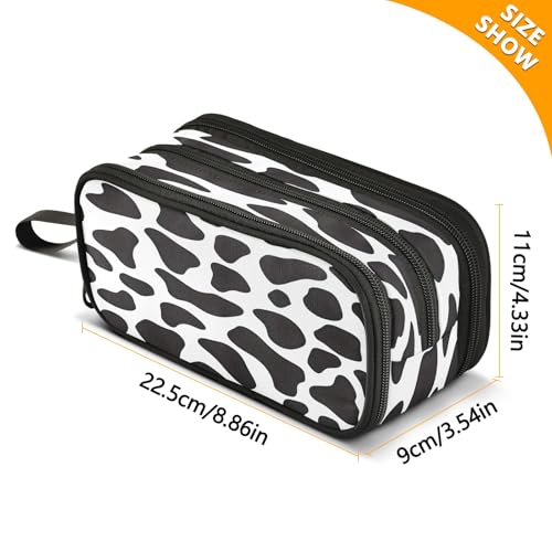 Image of SUABO Big Capacity Pencil Case Black and White Cow Print 3 Compartment Pen Bag Pouch Holder Box For Office College School Portable Storage Bag for Kids