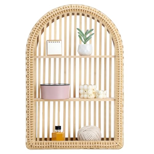 Vercraft Rattan Wall Shelf 3 Tier Boho Wall Mounted Shelf 23.62 x 15.75 Farmhouse Handcraft Bamboo Arched Floating Shelves for Living Room Home Bedroom Storage Decor