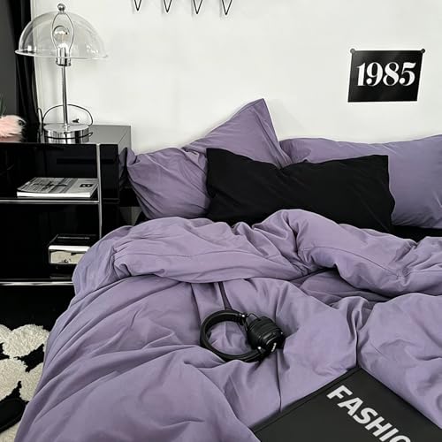 Image of mixinni Solid Purple Duvet Cover Set Queen Size - 100% Washed Cotton 3-Piece Minimalist Bedding Set, Ultra Soft Breathable Solid Color Purple Comforter Cover with Zipper & Corner Ties, Full Size