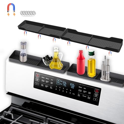 Pukaock 30 Inch Magnetic Silicone Stove Top Shelf,Heat Resistant Over The Stove Spice Rack for Kitchen,Space Saving Organizer Back of Stove,Includes 6 Additional Sticky Boards(Black,30''x3.8'')