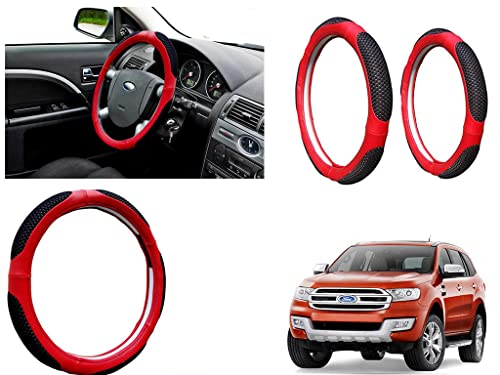 Image of Microfiber Car Steering Wheel Cover, Soft Padding Great Hand Feel, Anti-Slip, Faux Leather Steering Cover for Ford Endeavour 2017 | Black Red Jali - Pack of 1