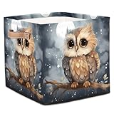 GzLeyigou Night Owl Collapsible Storage Bins,Owl Large Decorative Canvas Fabric Storage Boxes Organizer with Handles,Cube Square Baskets Bin for Home Shelves Closet Nursery Gifts