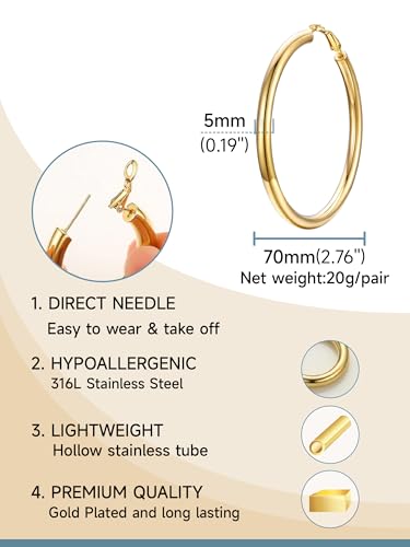 Image of Stainless Steel Chunky Hoop Earrings For Women, Minimalist and Chic, Black /Gold Plated, Round Hoops Earrings Hypoallergenic, Size: 30mm /40mm /60mm /80mm, Come with Box