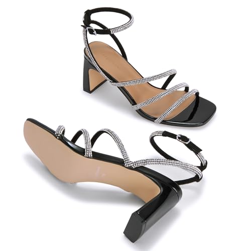Image of CosyFever Women's Rhinestone Block Heels, Square Toe Strappy Dress Heels with Ankle Strap, Sparkly Heels for Wedding Guest, Prom, Party