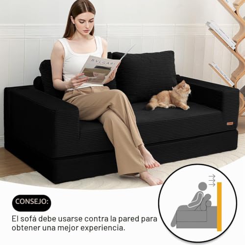 Sofá cama convertible de pana sin montaje para solucionar la falta de espacio negro 4