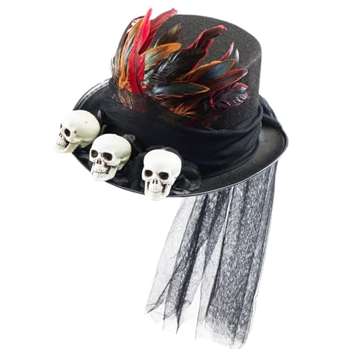 CGACCSD Sombrero steampunk de calavera steampunk, cilindro steampunk gótico, sombrero de cosplay con calaveras, plumas, malla negra, cilindro Steam Punk y mujeres para accesorios de