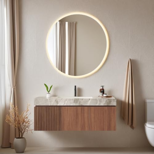 Image of 48 Inch Floating Bathroom Vanity with Sink, Modern Wall Mounted Bathroom Storage Vanity Cabinet with Sintered Stone Countertop, Brown Oak