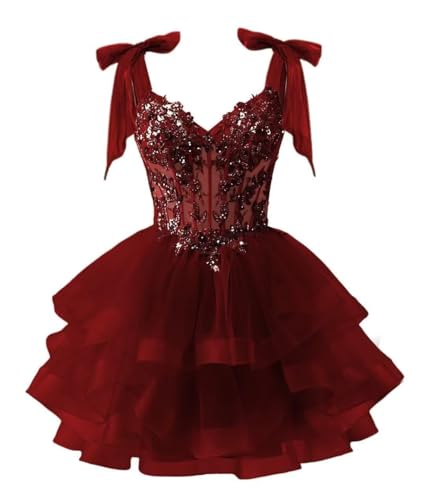 Glitter Tiered Tulle Homecoming Dress with Bow Puffy Lace Spaghetti Straps Applique Beaded Short Cocktail Gowns4