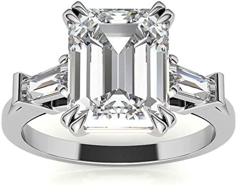Emerald Moissanite Tapered Baguette Double Claw Prong Engagement Ring, 3.00 Carat Colorless VVS1 Clarity Emerald Cut Moissanite Diamond 925 Sterling Silver Anniversary Ring for Her