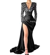 Long Sleeve Sequin Mermaid Prom Dresses V Neck Satin Ball Gowns for Women Formal Sparkly Evening ...