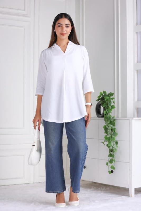 Image of Mlada Rayon Flare Top for Women | 3 /4th Sleeve Regular Fit and Flare Top | Women Office Tops Tunic | Western Long Shirt Top for Women | Shirt Collar Top for Women | Rayon Tunic Tops for Women Western
