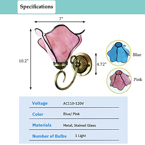 Image of Tiffany Style Wall Sconce, Flower Shaped Wall Light, Stained Glass Wall Lamp for Entrance, Bedroom, Hallway in Pink