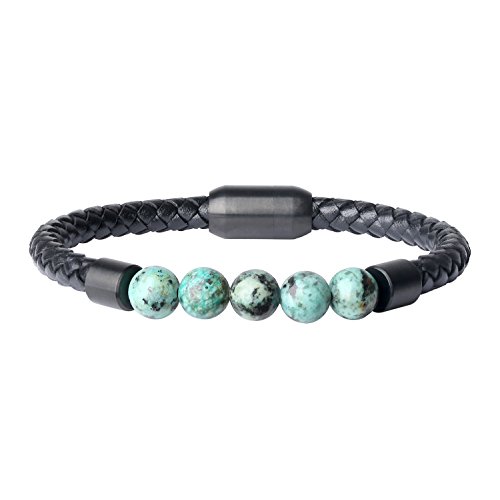 COAI Pulsera para Hombre de Cuero Negro Genuino y Cuentas de Turquesa Africana Piedra Natural