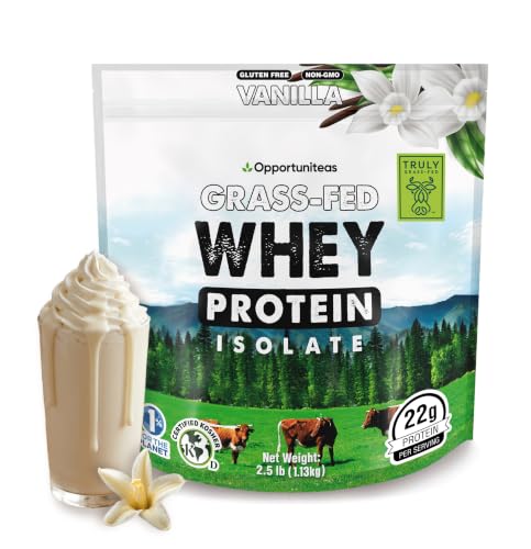 Image of Opportuniteas Grass Fed Vanilla Whey Isolate Protein Powder - 22g Protein, Heavy-Metal Tested, Organic Vanilla Flavor, No Stevia, Non-GMO, Hormone-Free, Sourced from Ireland, 2.5lb